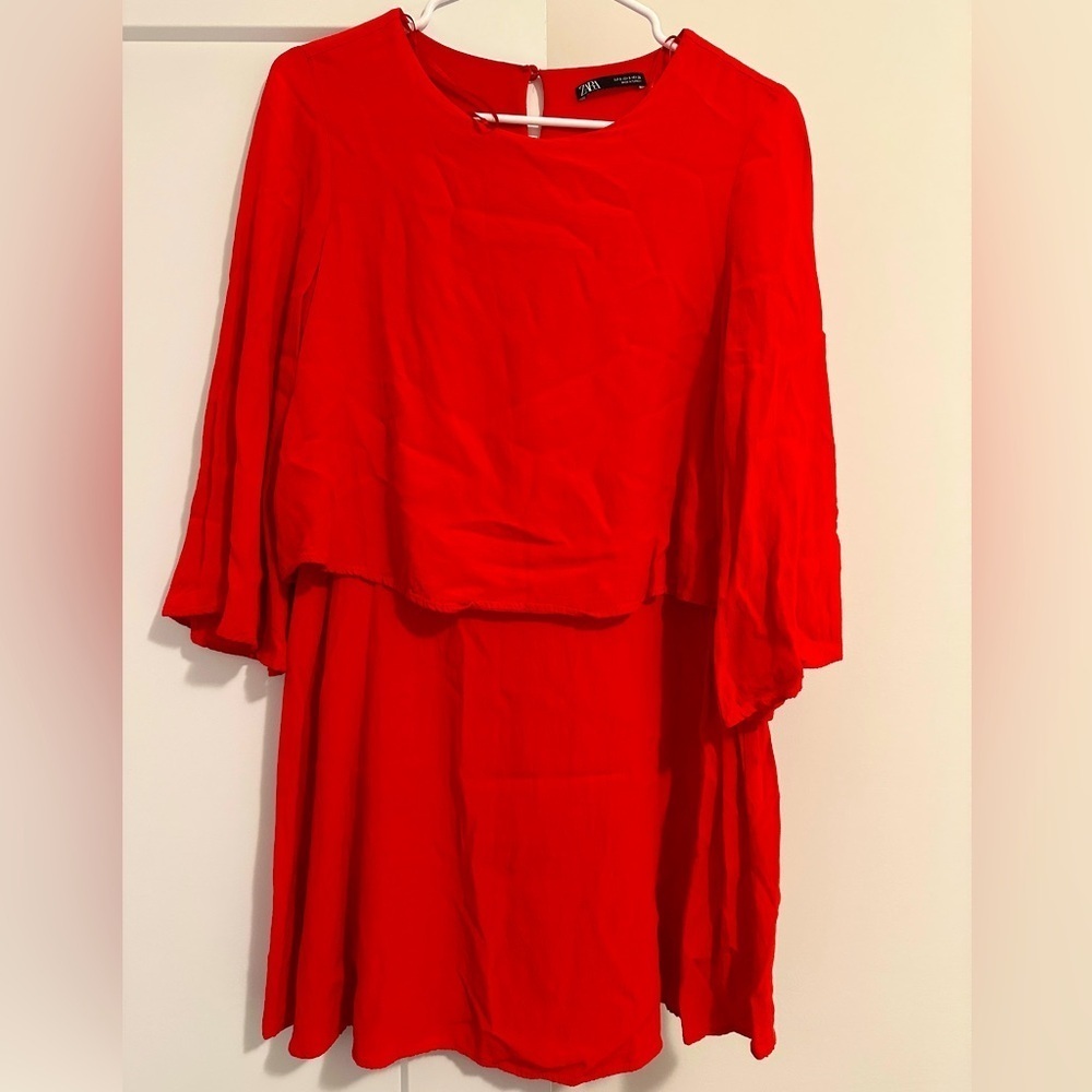 Zara Red Flair Sleeve With Overlay Flowy Dress Size Small Women’s